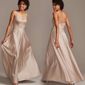 David’s Bridal Biscotti Satin Spaghetti Cross Strap A-Line Bridesmaid Dress 12